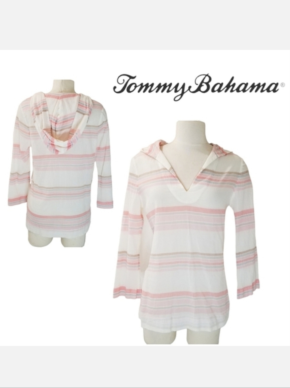 Tommy Bahama Cotton Gauze Hooded Cover-up Top Coral Stripe Sz S BohoChic Classic